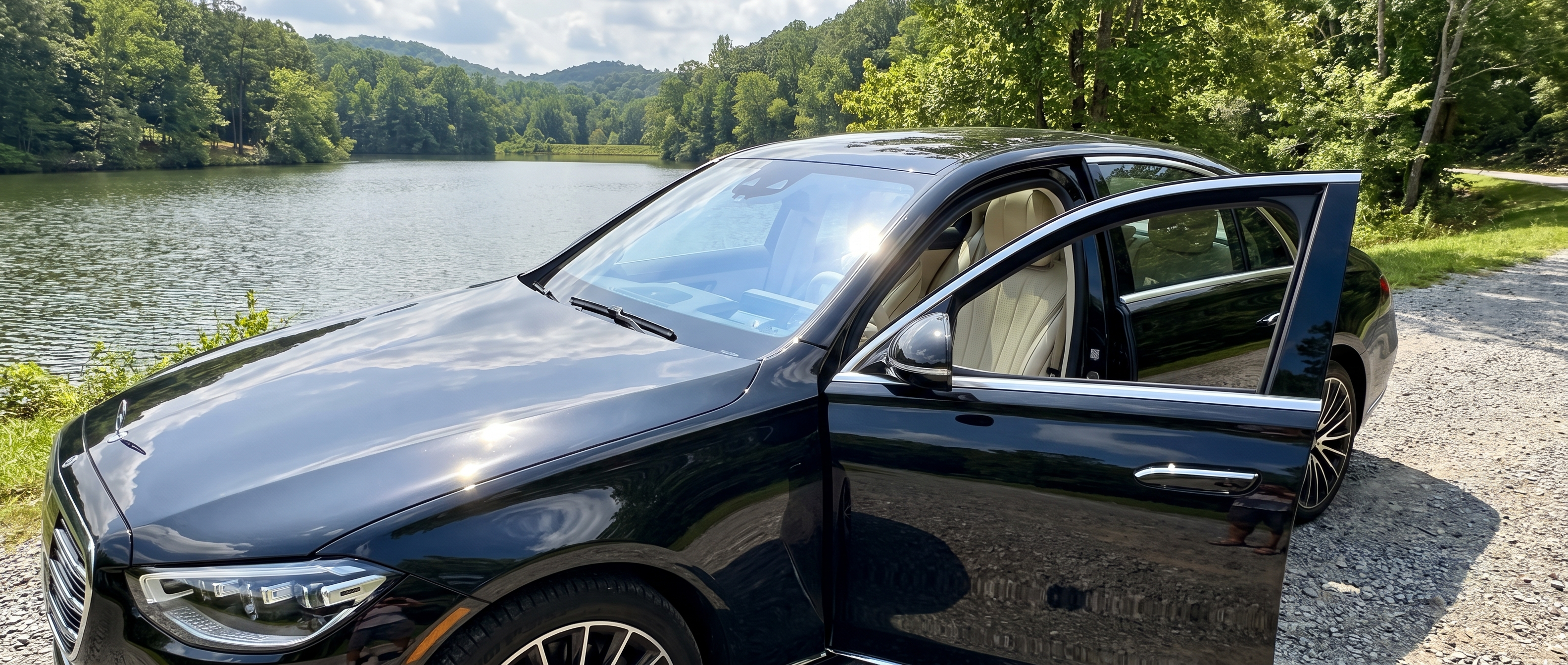 2026 Mercedes-Benz S-Class sedan with ventilated seats and climate control visible, photographed in summer Atlanta setting